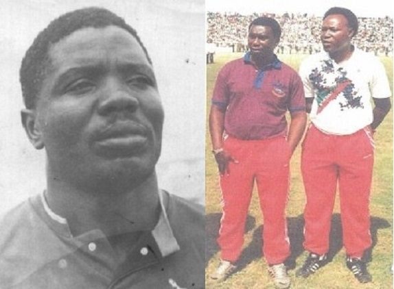 Black and white portrait of goalkeeper Efford Chabala beside a colour photo of manager Godfrey Chitalu
