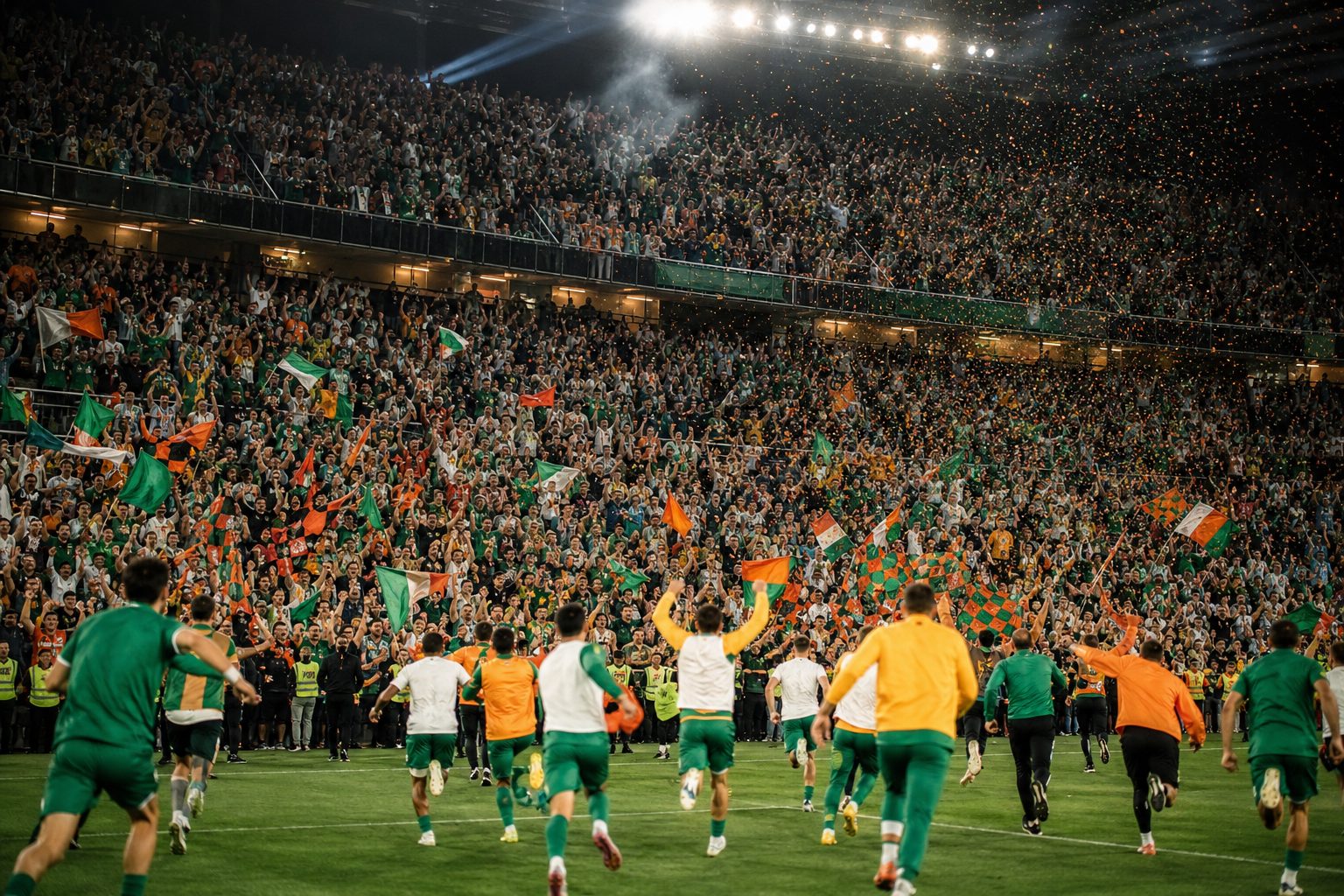 Fans in green and copper colours celebrating in a floodlit stadium after a shoot-out (picture made with AI)