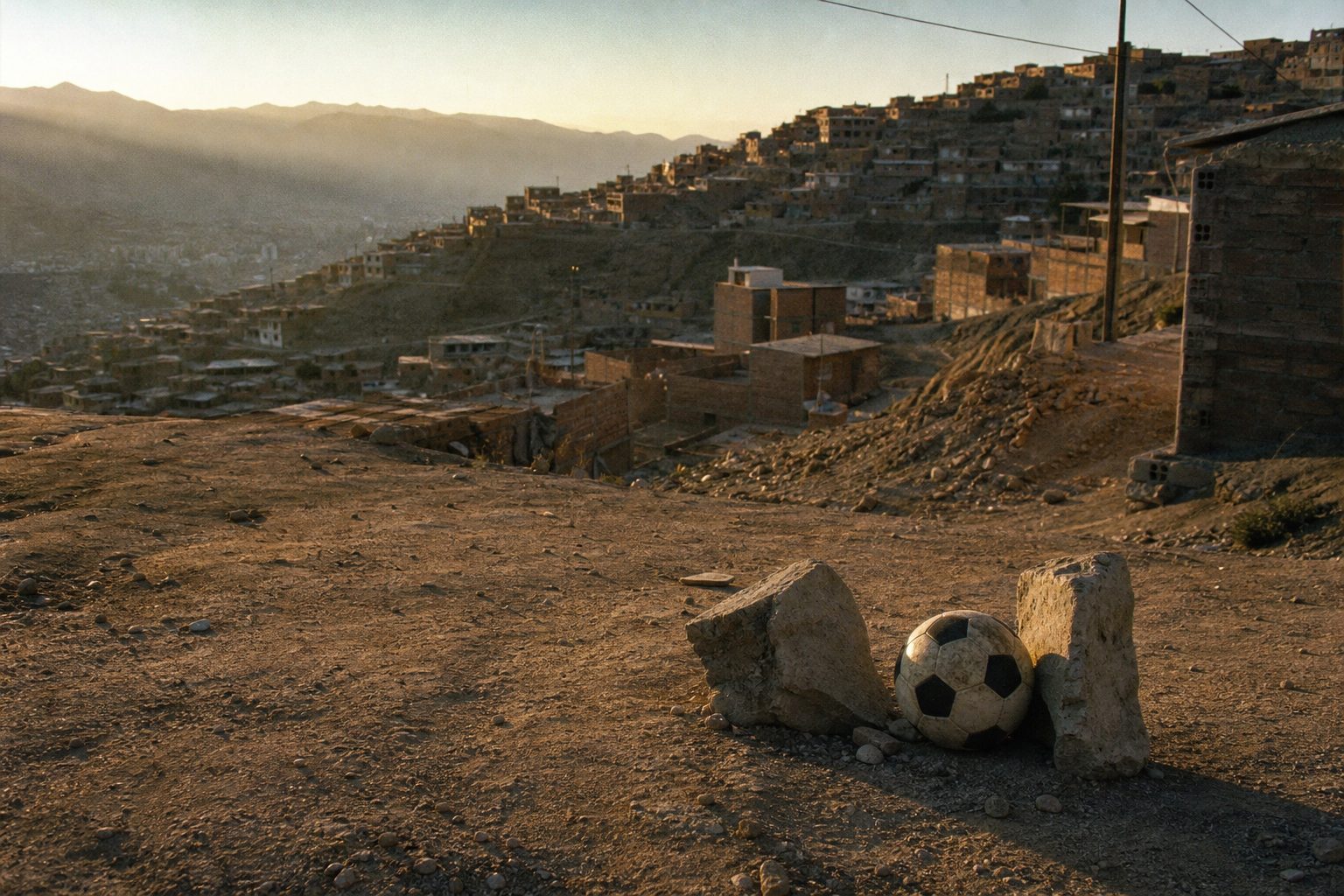 Worn football by makeshift stone goals on a dusty Andean hillside street (picture made with AI)
