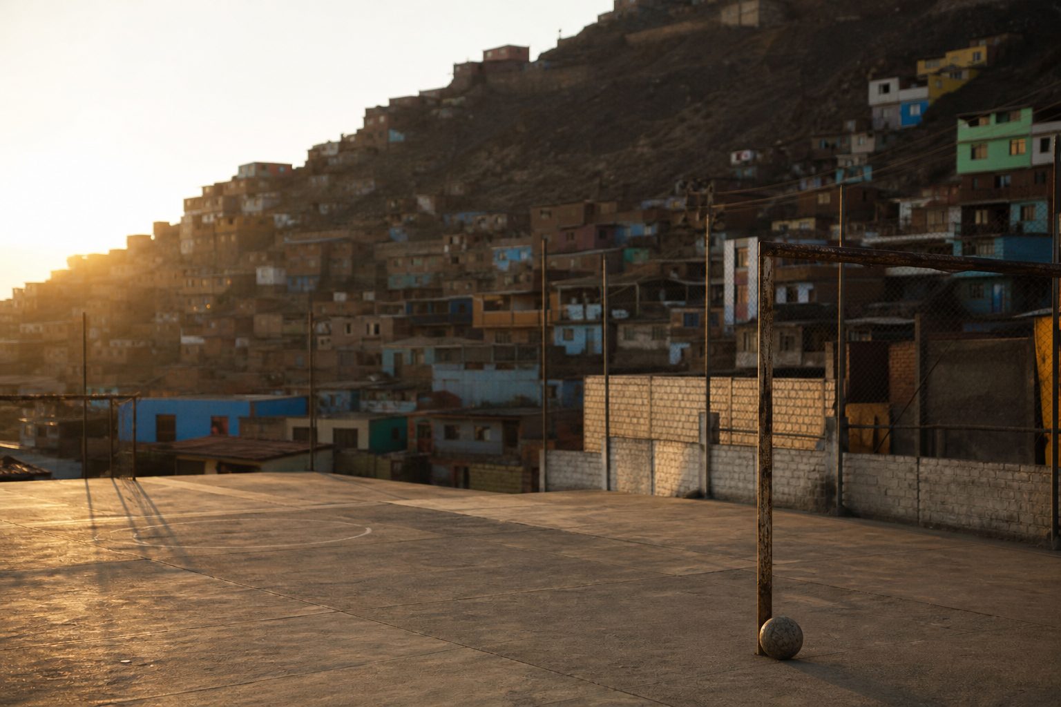 Empty concrete football court on a Peruvian hillside at sunset (picture made with AI)