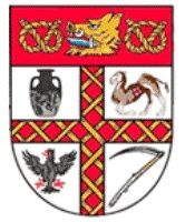 Stoke City shield divided by a red cross, with a vase, a camel, an eagle and a scythe