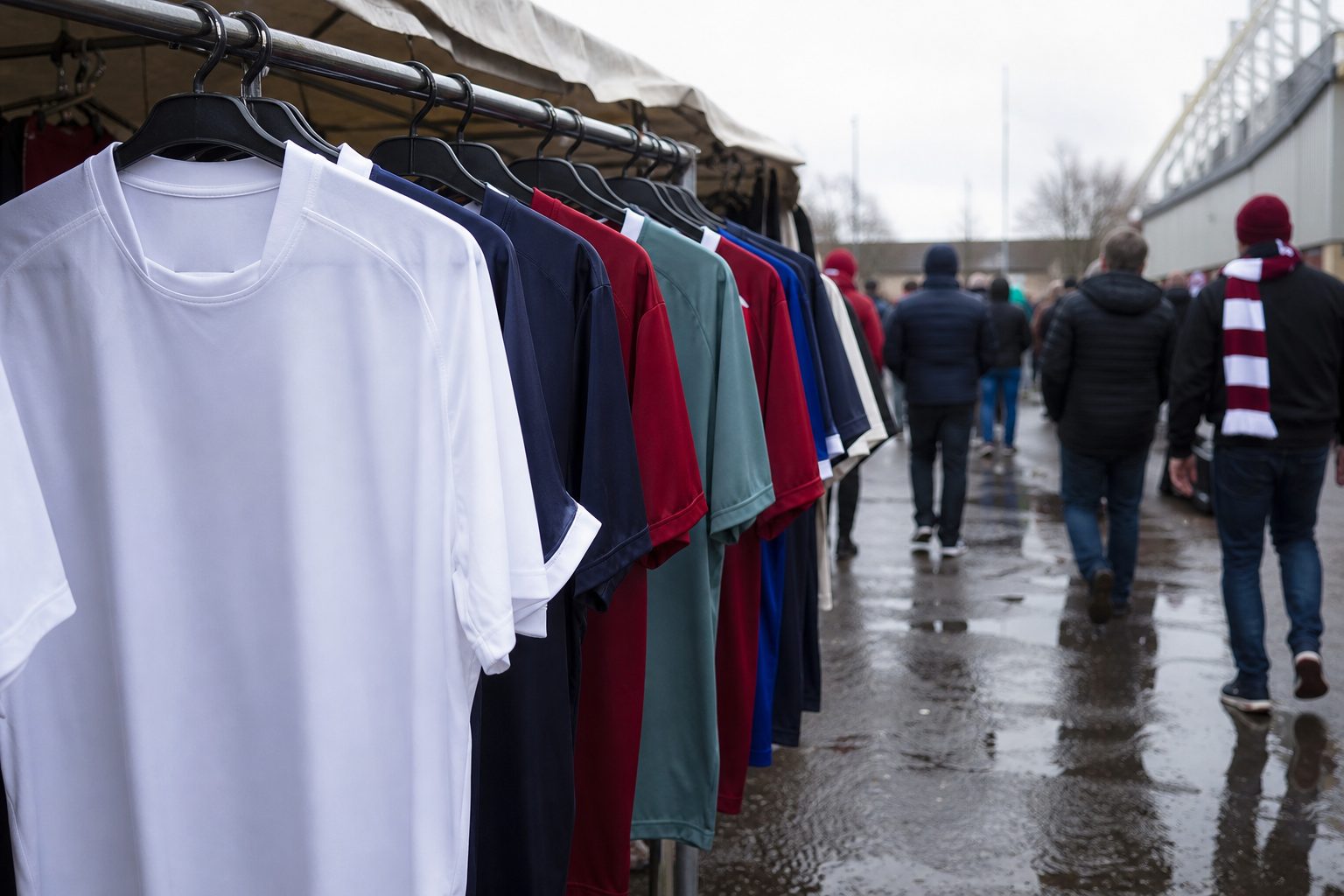 Blank replica football shirts hanging on a stall outside a ground on a grey matchday (picture made with AI)