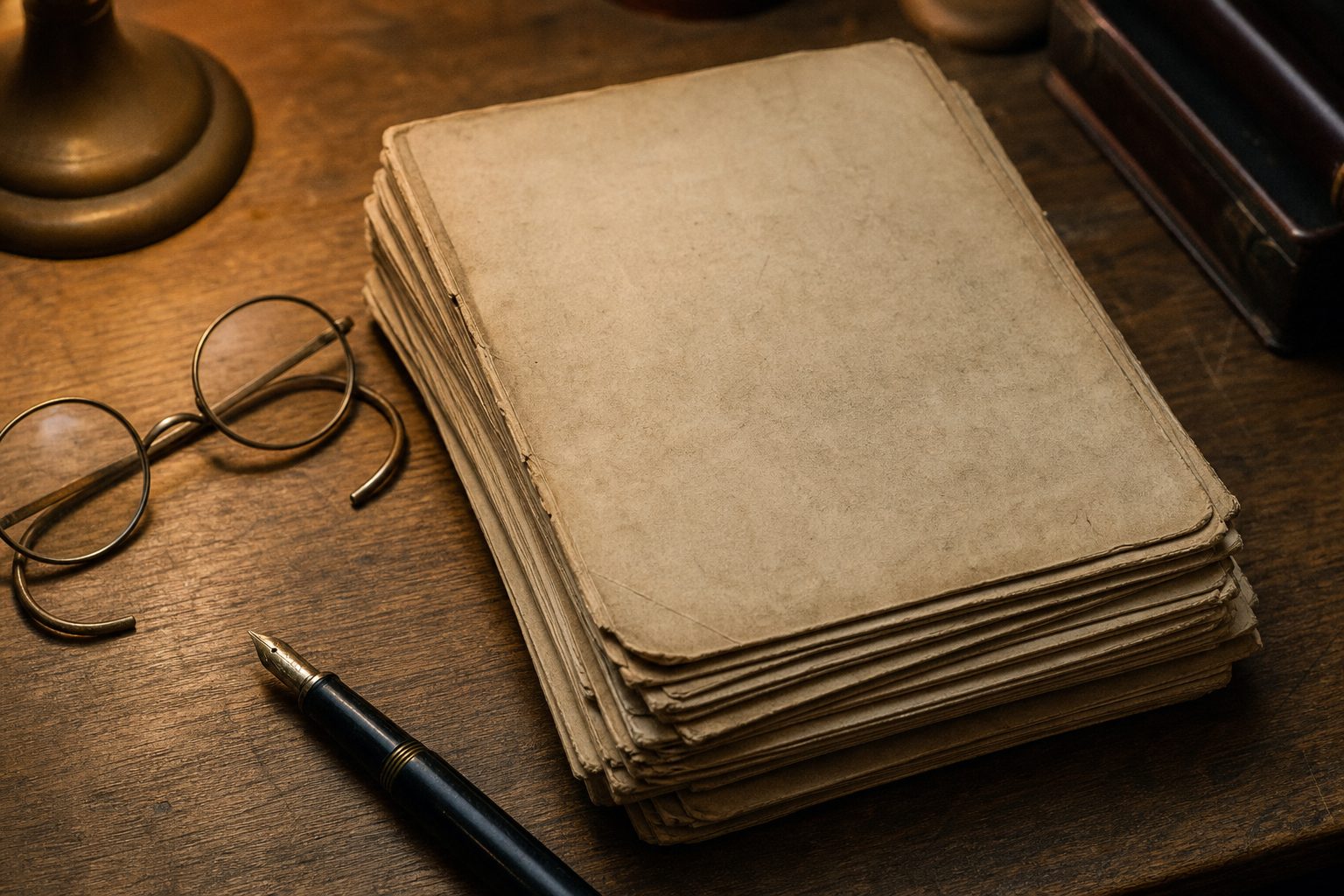 Stack of worn, blank-covered 1920s football programmes on a desk beside reading glasses (picture made with AI)