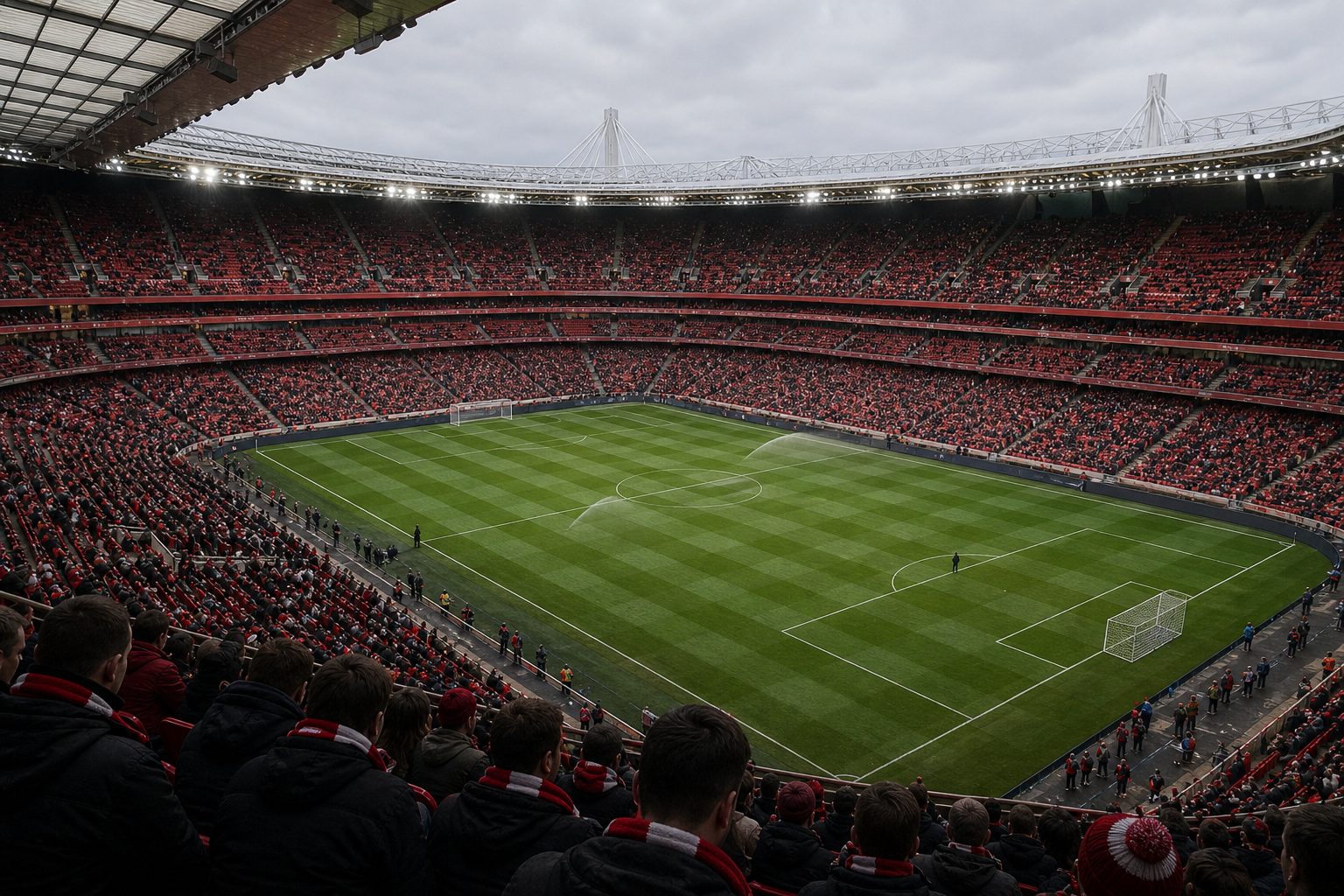 Fans in plain red and white scarves filling a large modern stadium bowl on a grey afternoon (picture made with AI)