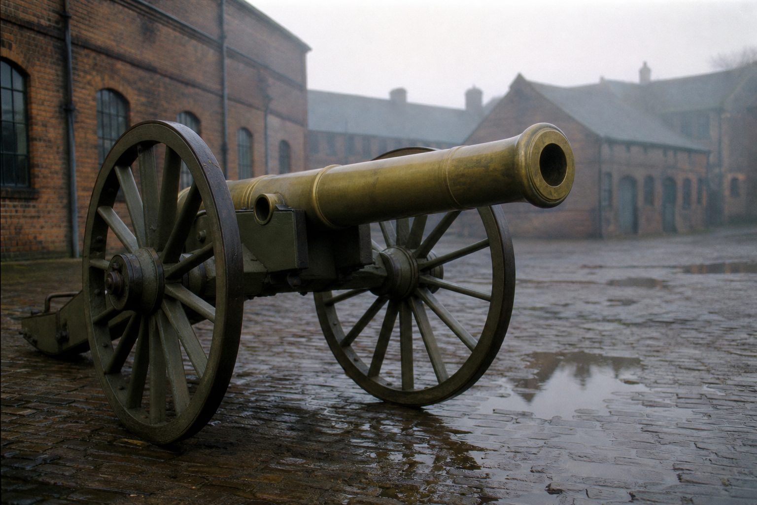 Old brass field cannon on wet cobbles beside red-brick workshop buildings in fog (picture made with AI)