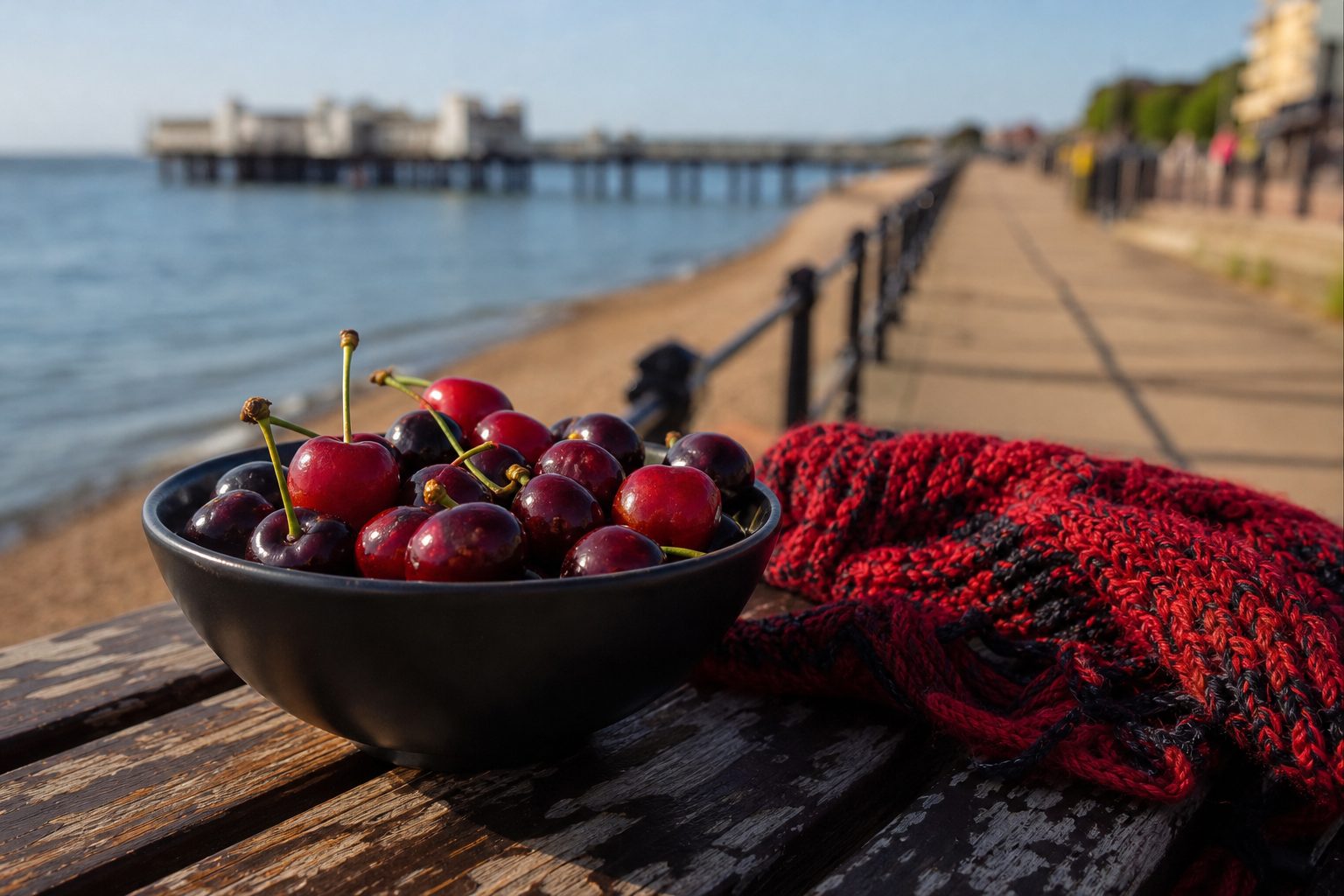 Bowl of ripe cherries beside a folded red and black scarf near a seaside promenade (picture made with AI)
