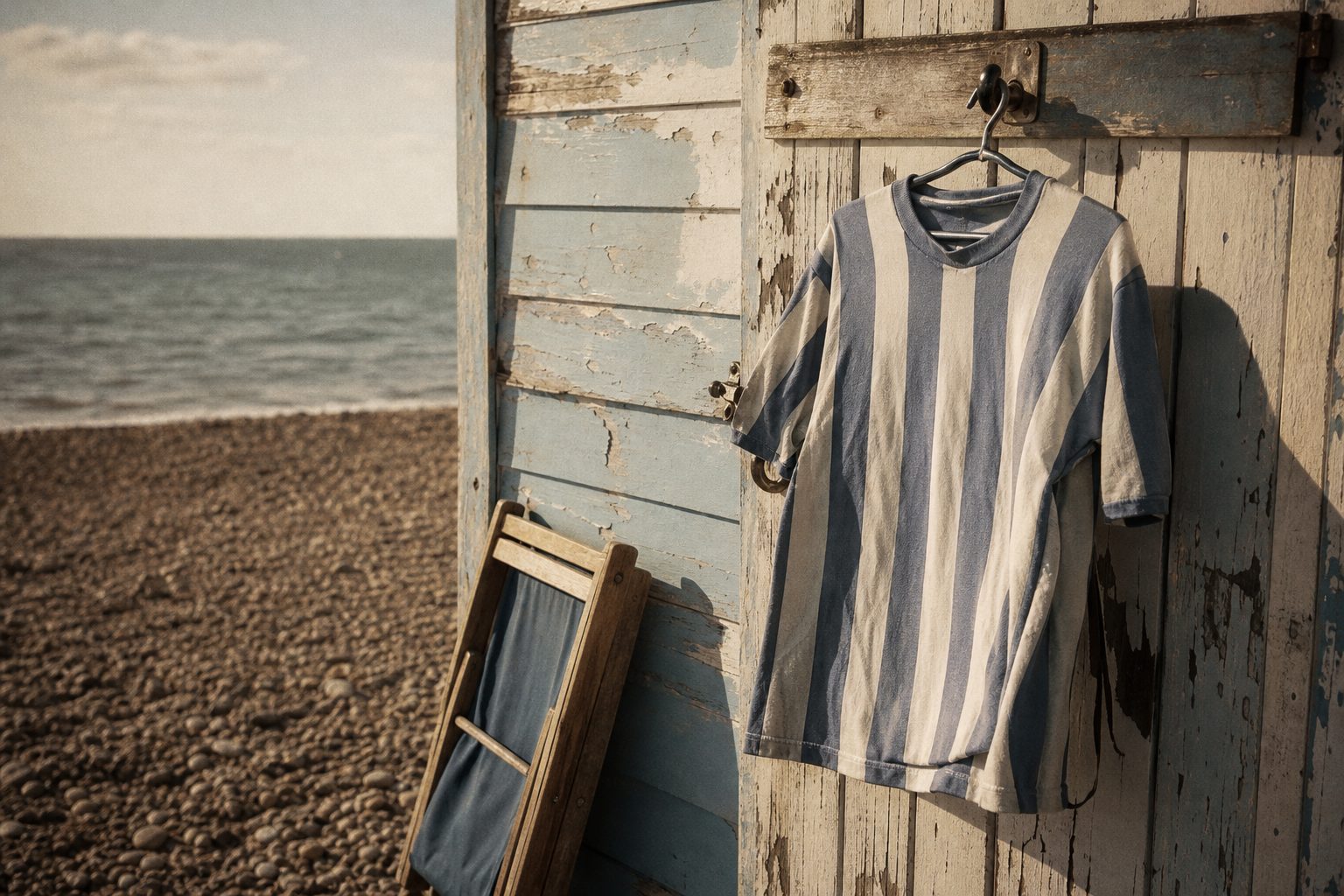 Blue and white striped shirt hanging on a weathered beach hut door (picture made with AI)