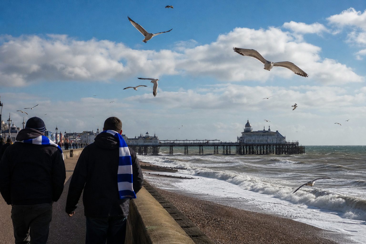 Gulls over a shingle beach and pier with supporters on the promenade (picture made with AI)