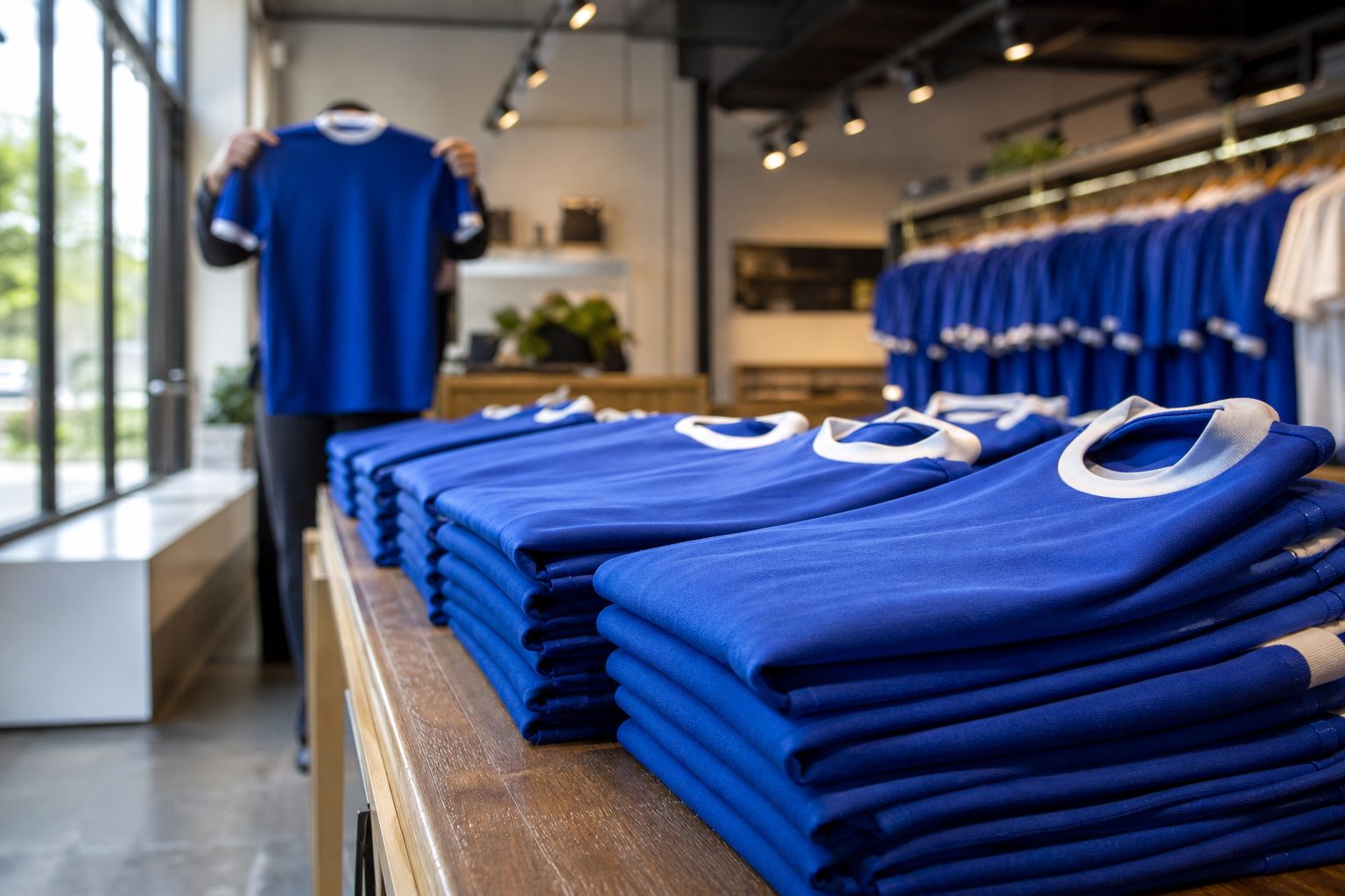 Rows of folded plain royal blue football shirts on a wooden shop table under spotlights (picture made with AI)