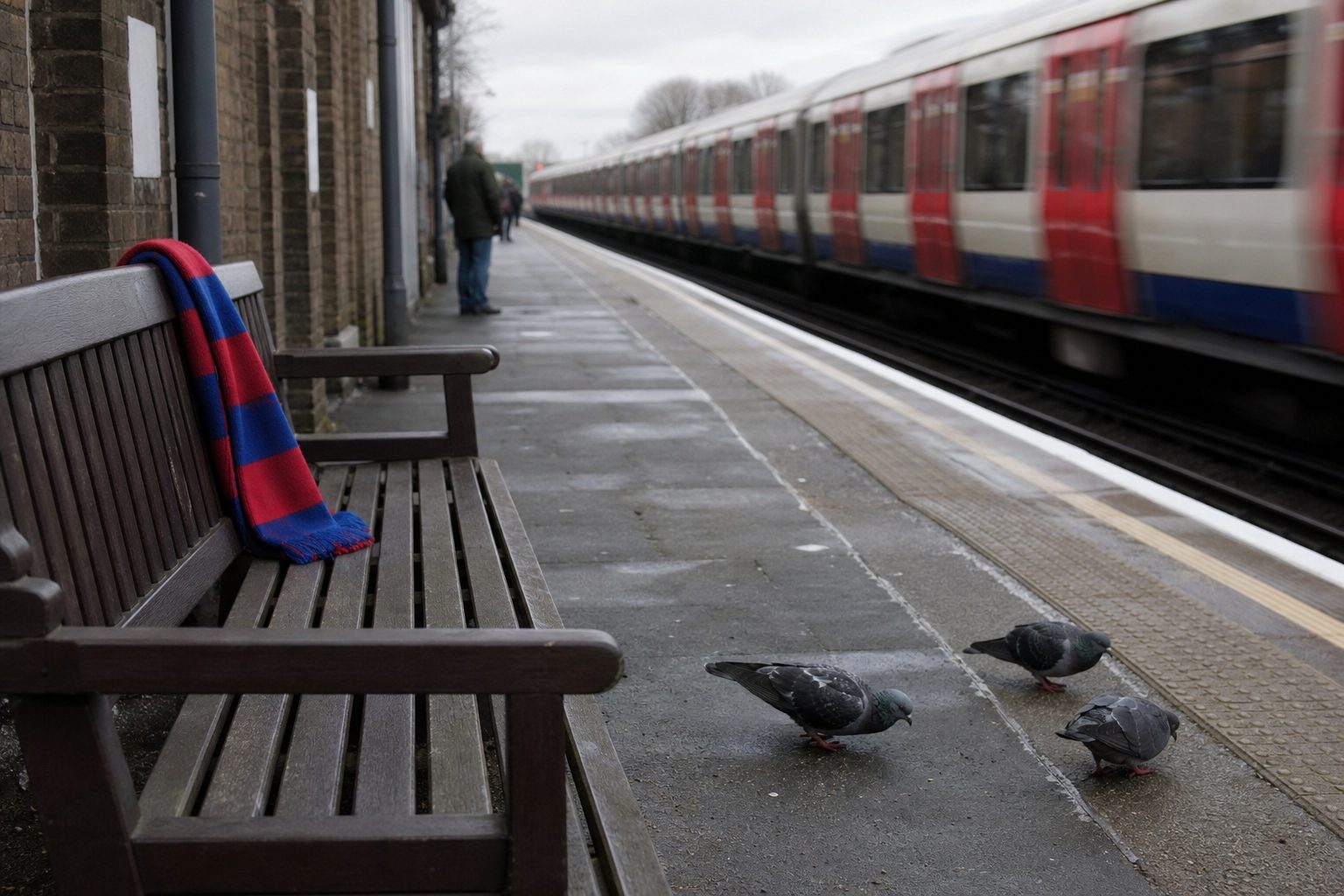 Red and blue scarf on a bench at a suburban railway platform (picture made with AI)