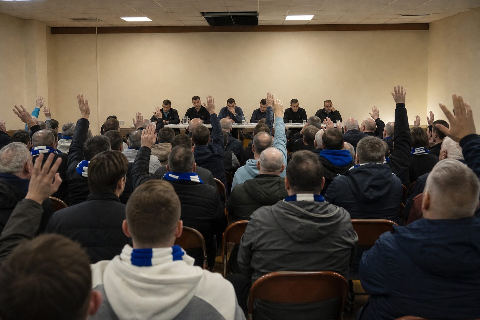 Fans in blue and white scarves raising hands at a packed meeting in a community hall (picture made with AI)