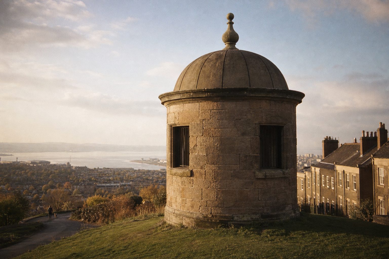Small round stone tower with a domed roof on a grassy hilltop above terraced streets (picture made with AI)