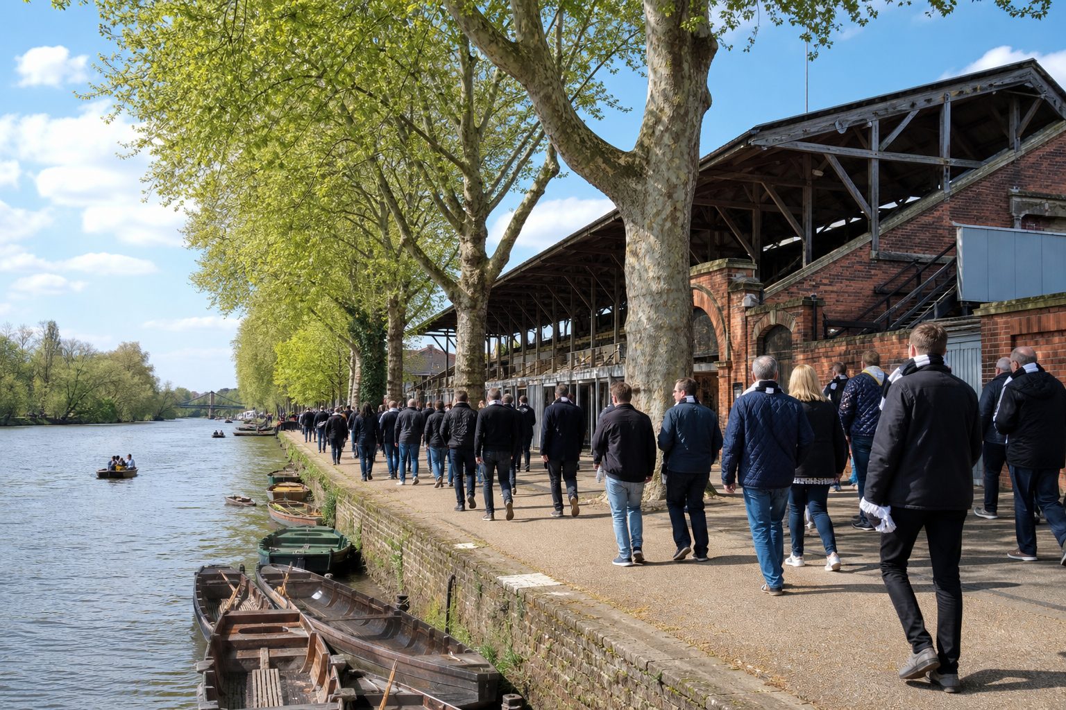 Small red-brick football stand beside a river with fans walking along the towpath (picture made with AI)