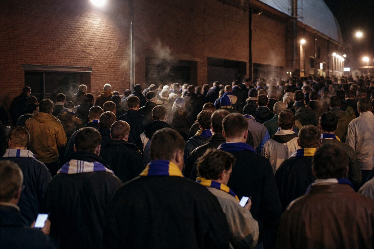 Supporters in white, blue and yellow scarves outside a ground on a cold evening (picture made with AI)