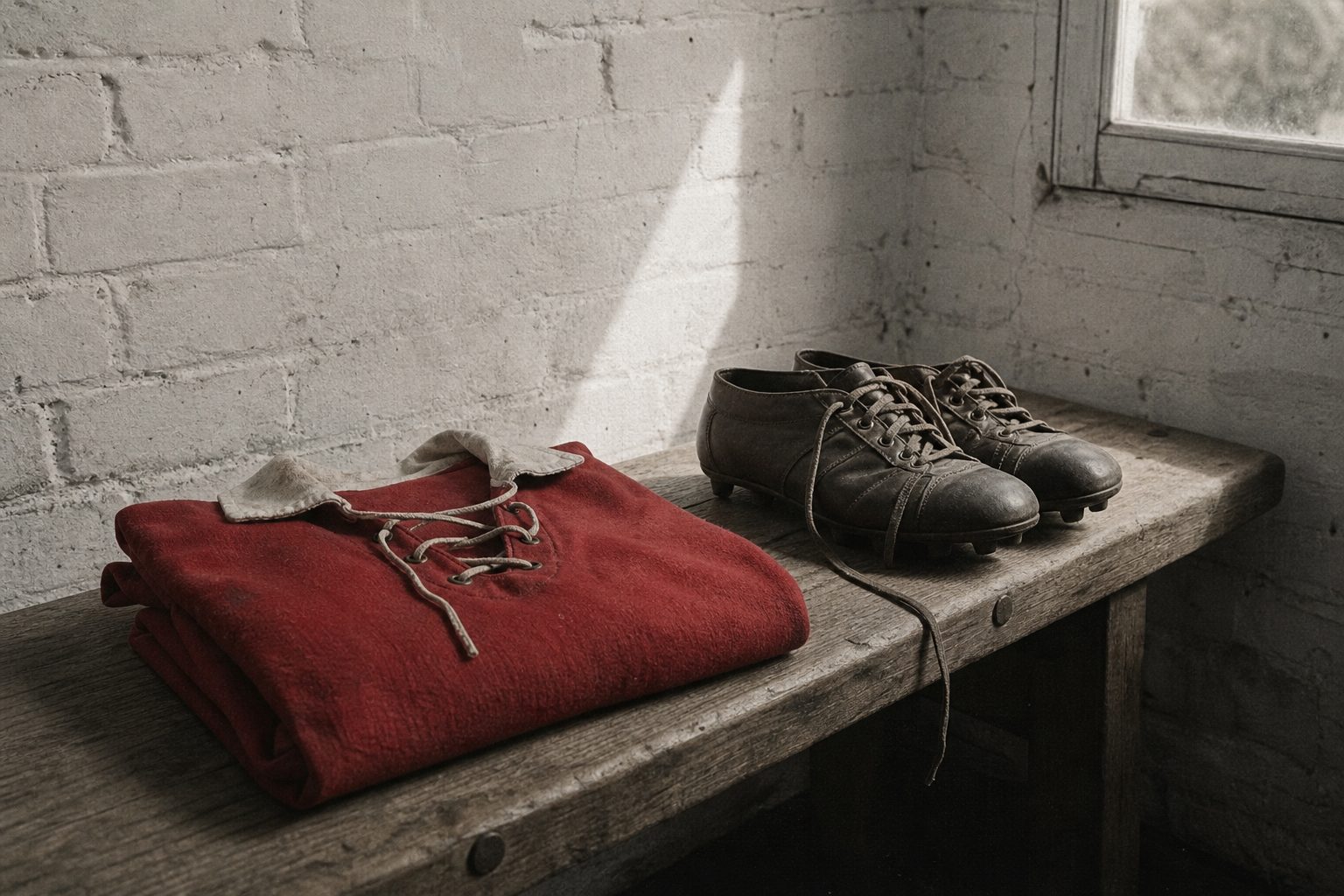 Plain red woollen football shirt with lace-up collar folded on a wooden bench (picture made with AI)