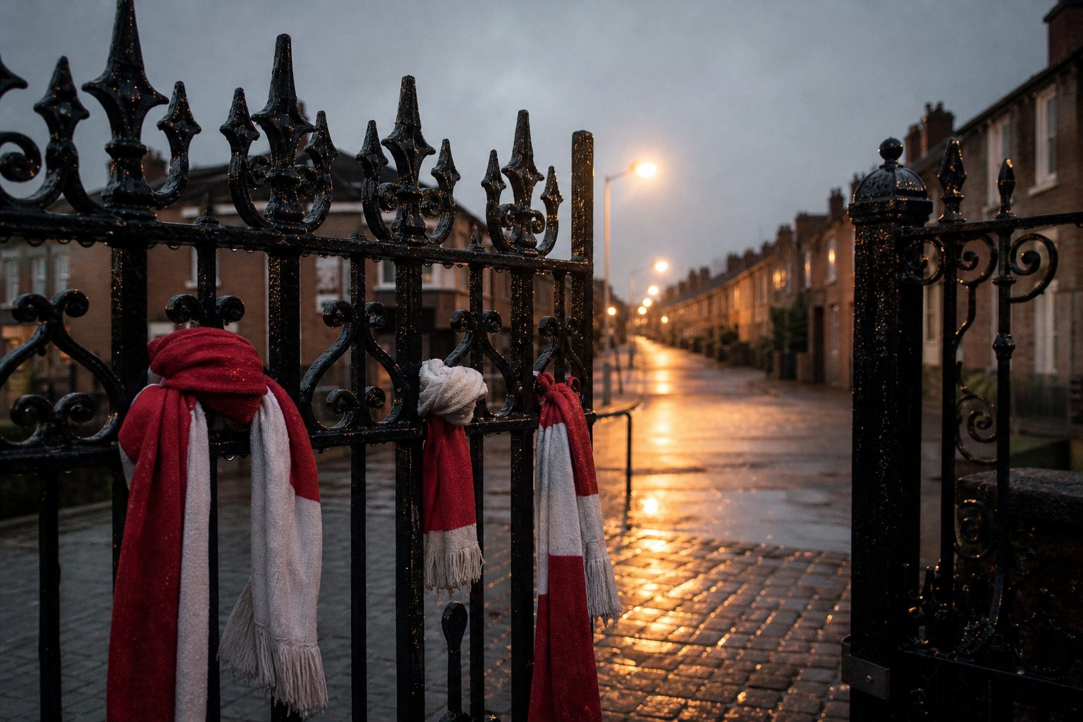 Red and white scarves tied to wet wrought-iron gates on a rainy evening (picture made with AI)