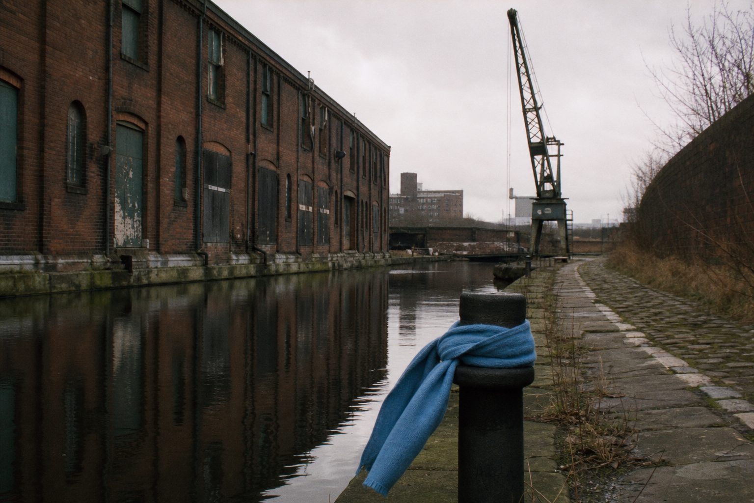 Plain sky-blue scarf tied to a mooring post beside an old brick canal warehouse (picture made with AI)