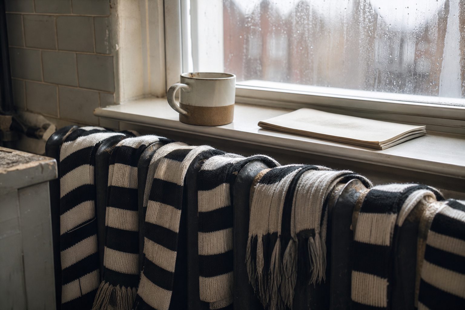 Black and white striped scarves drying on a radiator by a kitchen window (picture made with AI)