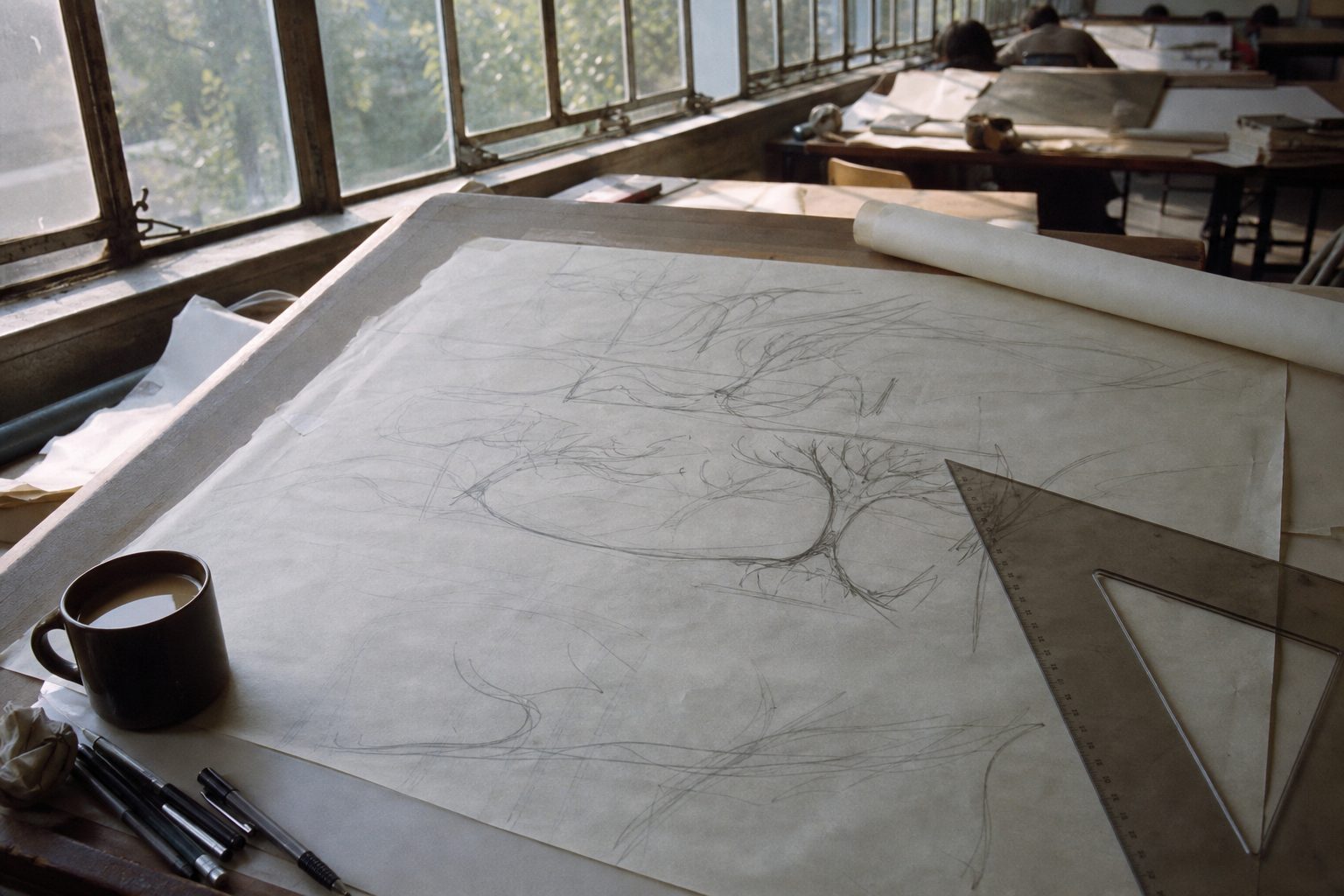 Drawing board with loose pencil sketches of branches and wavy lines in a studio (picture made with AI)