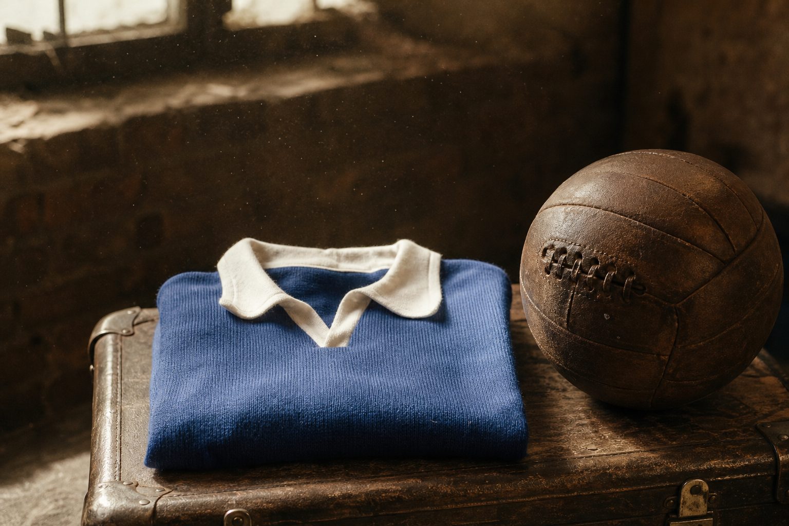 Plain royal blue jersey with a white collar beside an old laced leather ball (picture made with AI)
