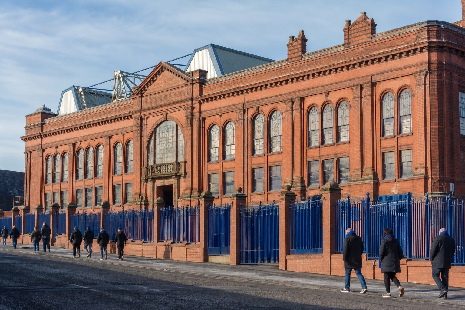 Long red-brick main stand facade with arched windows behind royal blue gates (picture made with AI)