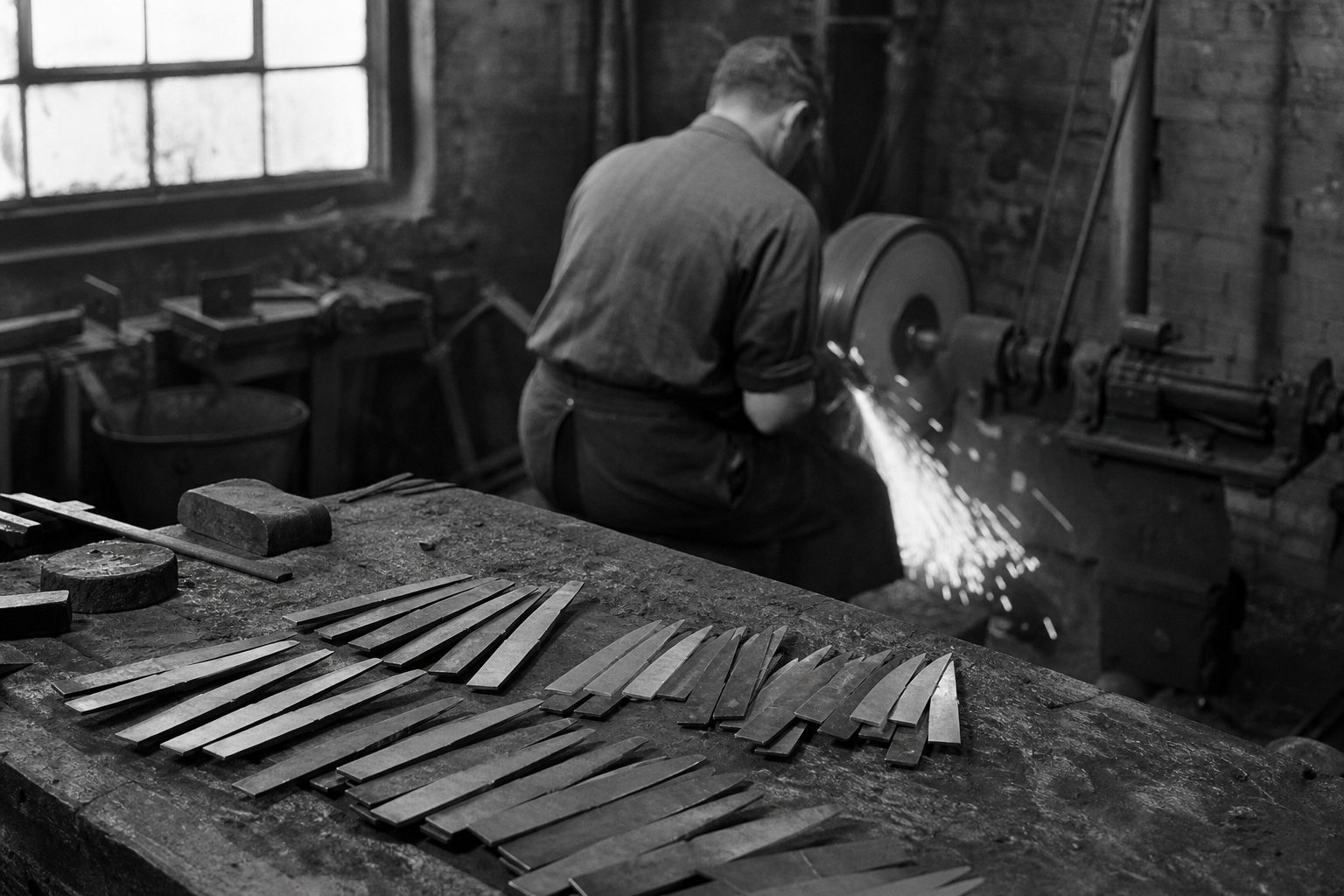 Unbranded steel blades on a workbench with sparks from a grinding wheel behind (picture made with AI)