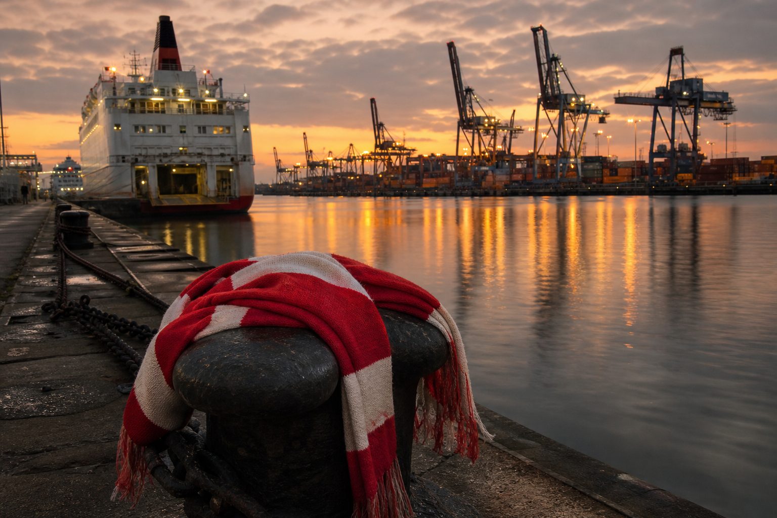 Red and white striped scarf on a bollard at a dockside with cranes at dusk (picture made with AI)