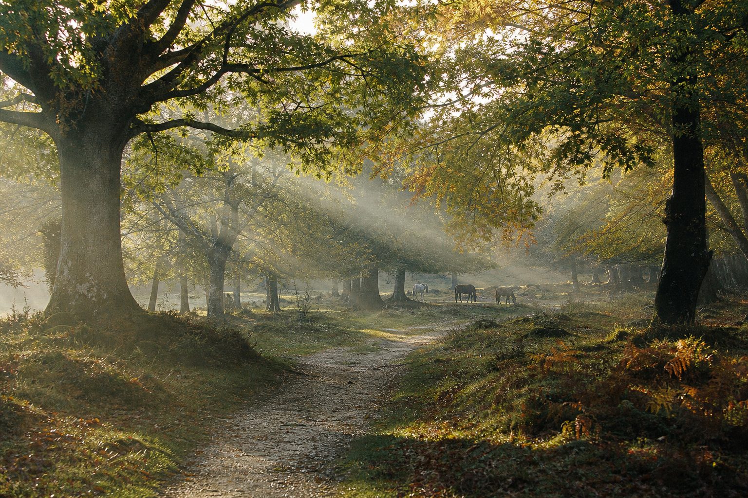 Misty New Forest woodland path with ponies grazing beneath oak and beech trees (picture made with AI)