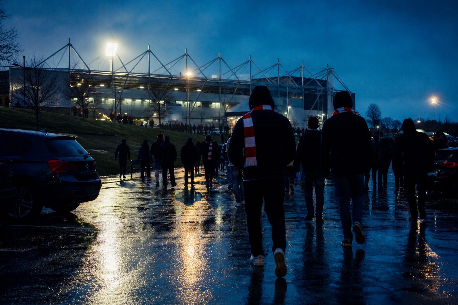 Supporters in red and white scarves walking uphill to a floodlit stadium in the rain (picture made with AI)