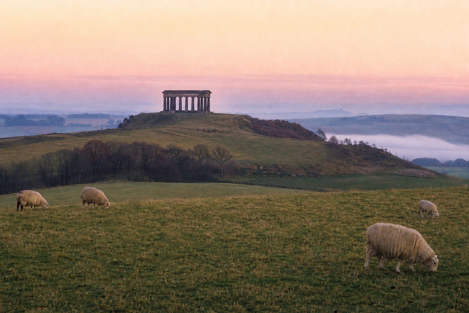 Greek-temple-style sandstone monument on a misty hilltop at sunrise (picture made with AI)