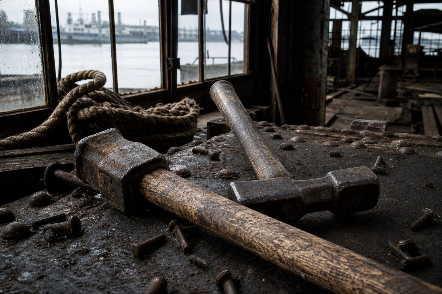 Two old riveting hammers lying crossed on a rusted steel plate in a shipyard shed (picture made with AI)