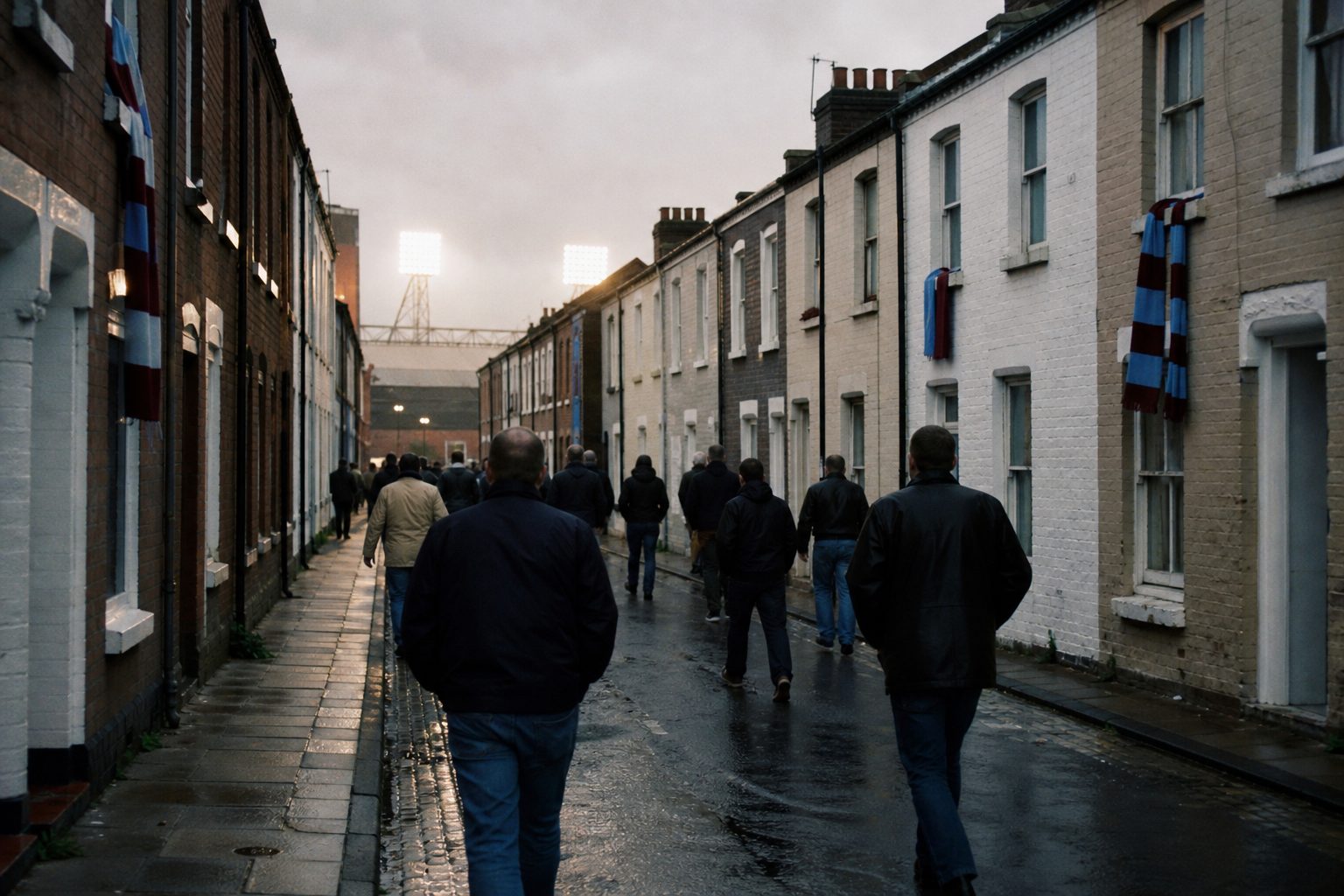 East London terraced street with claret and blue scarves in windows and floodlights beyond (picture made with AI)