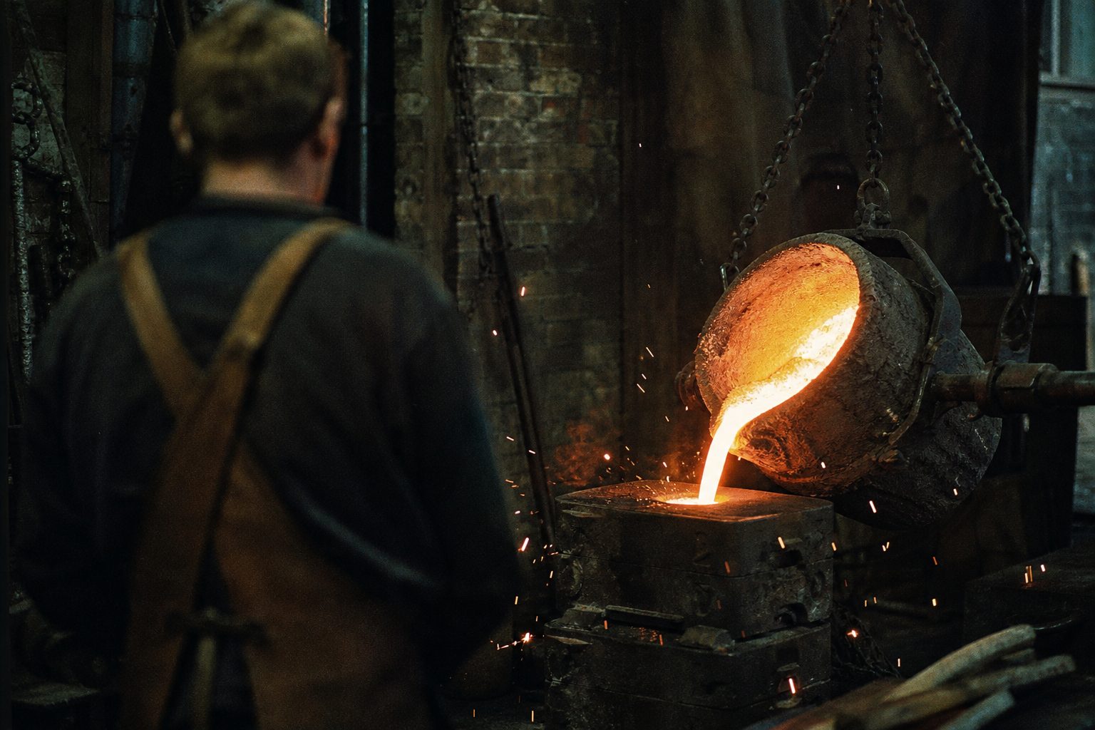 Molten metal poured into a sand mould inside a dark brick foundry (picture made with AI)