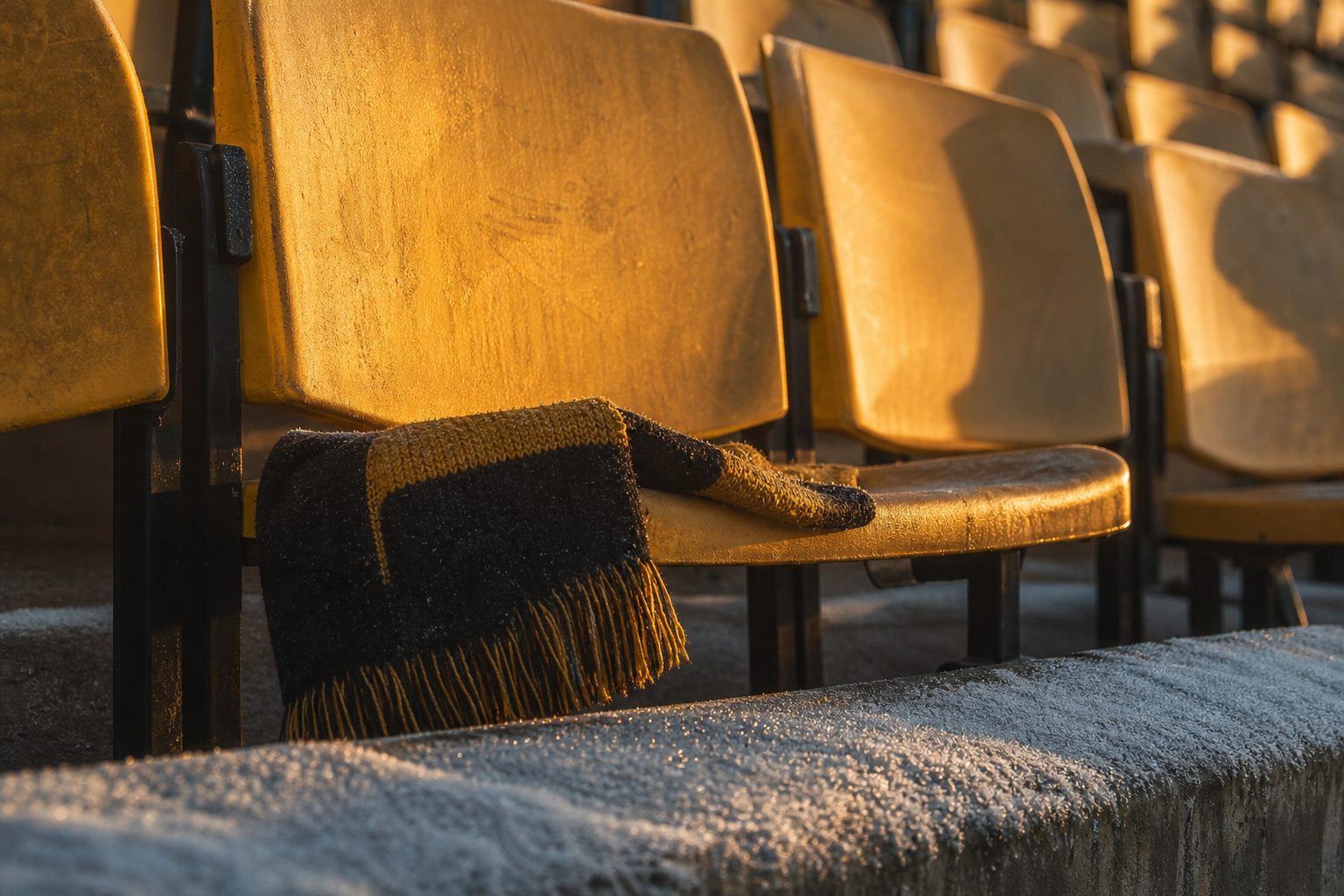 Black and gold scarf draped over an empty gold seat on a frosty morning (picture made with AI)