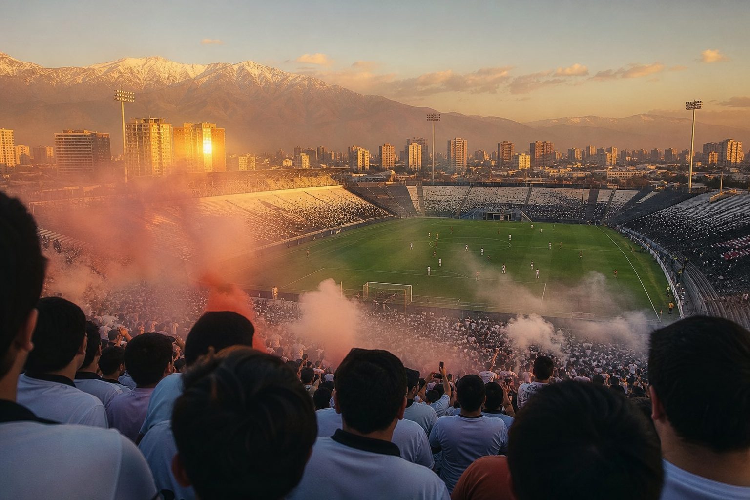 Stadium crowd at sunset with snow-capped mountains rising behind the far stand (picture made with AI)