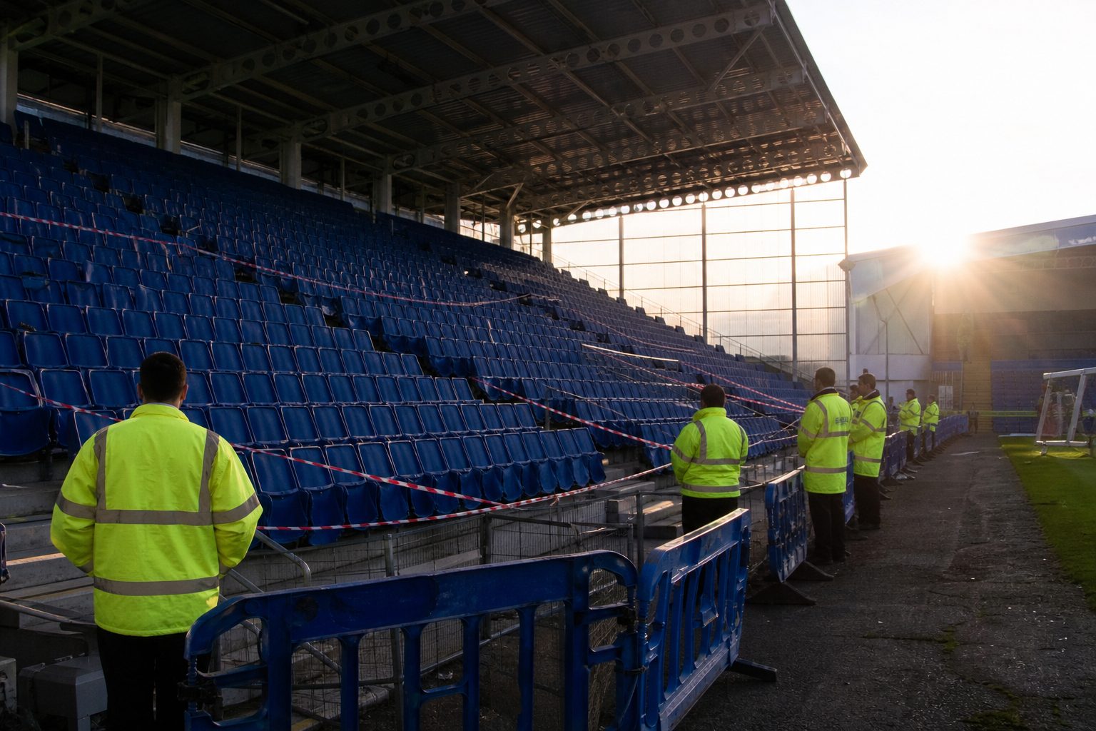 Block of empty stadium seats cordoned off with tape while stewards stand nearby (picture made with AI)