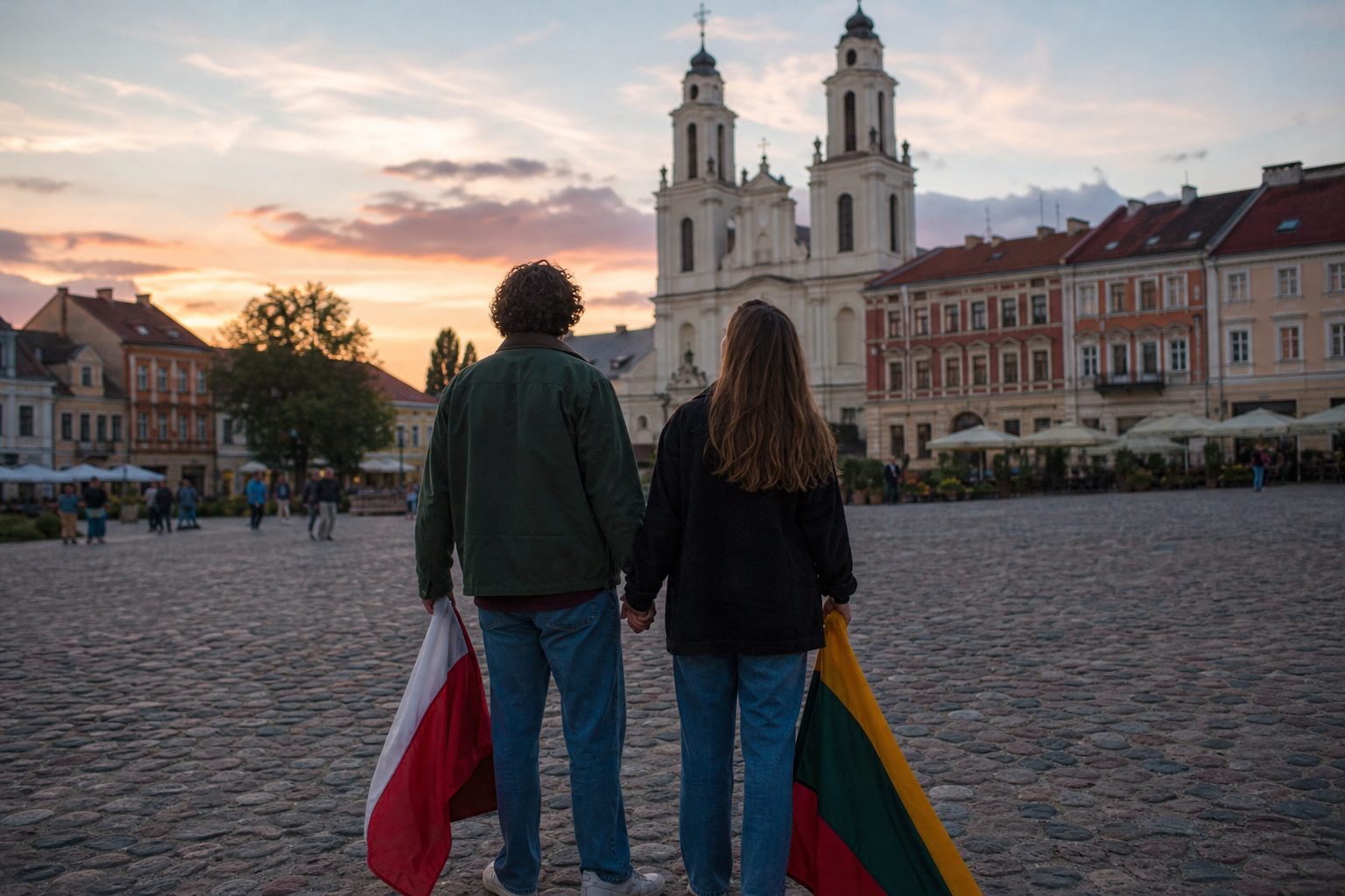 Two young people carrying red-white and yellow-green-red scarves across a cobbled Baltic square (picture made with AI)