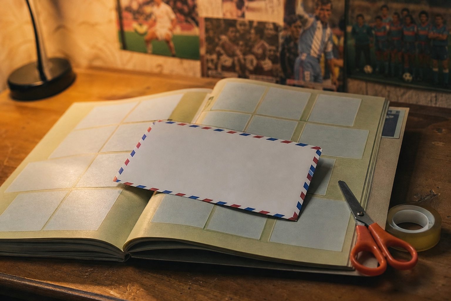 Blank airmail envelope resting on an open sticker album under a warm desk lamp (picture made with AI)