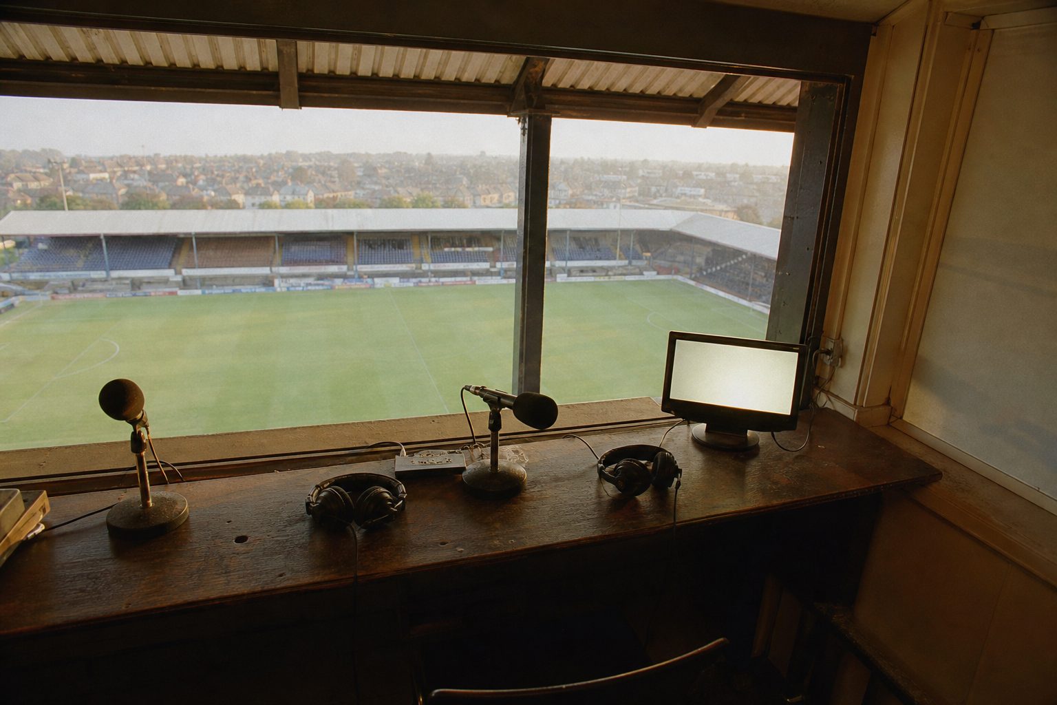 Empty commentary box with microphones and headsets above a football pitch (picture made with AI)