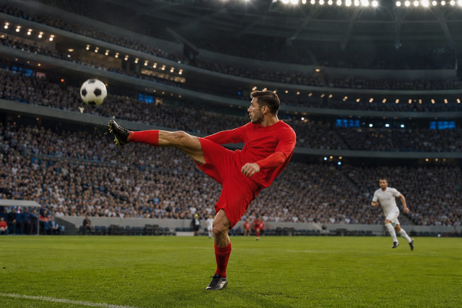 A player volleys the ball on a striped modern pitch under bright floodlights (picture made with AI)