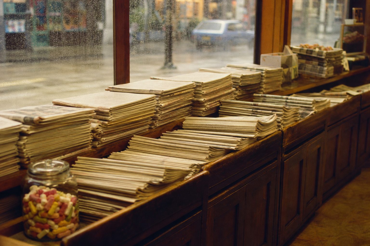 A 1990s newsagent counter stacked with folded newspapers (picture made with AI)