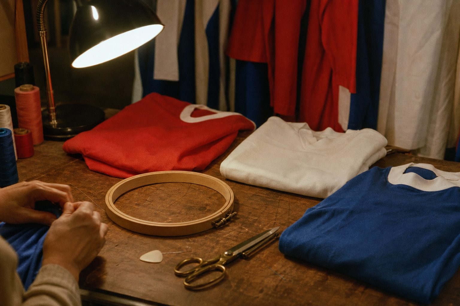 Plain football shirts, scissors and an empty embroidery hoop on a workshop bench (picture made with AI)