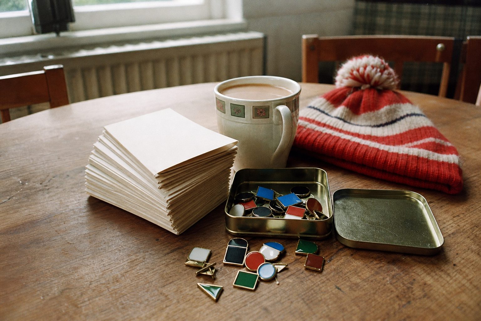 Blank match programmes, plain enamel pins and a bobble hat on a kitchen table (picture made with AI)