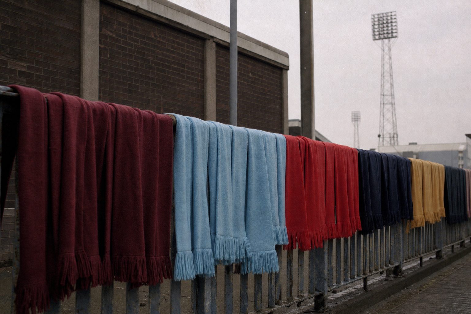 Plain coloured football scarves hanging on an iron railing outside an old brick stadium (picture made with AI)