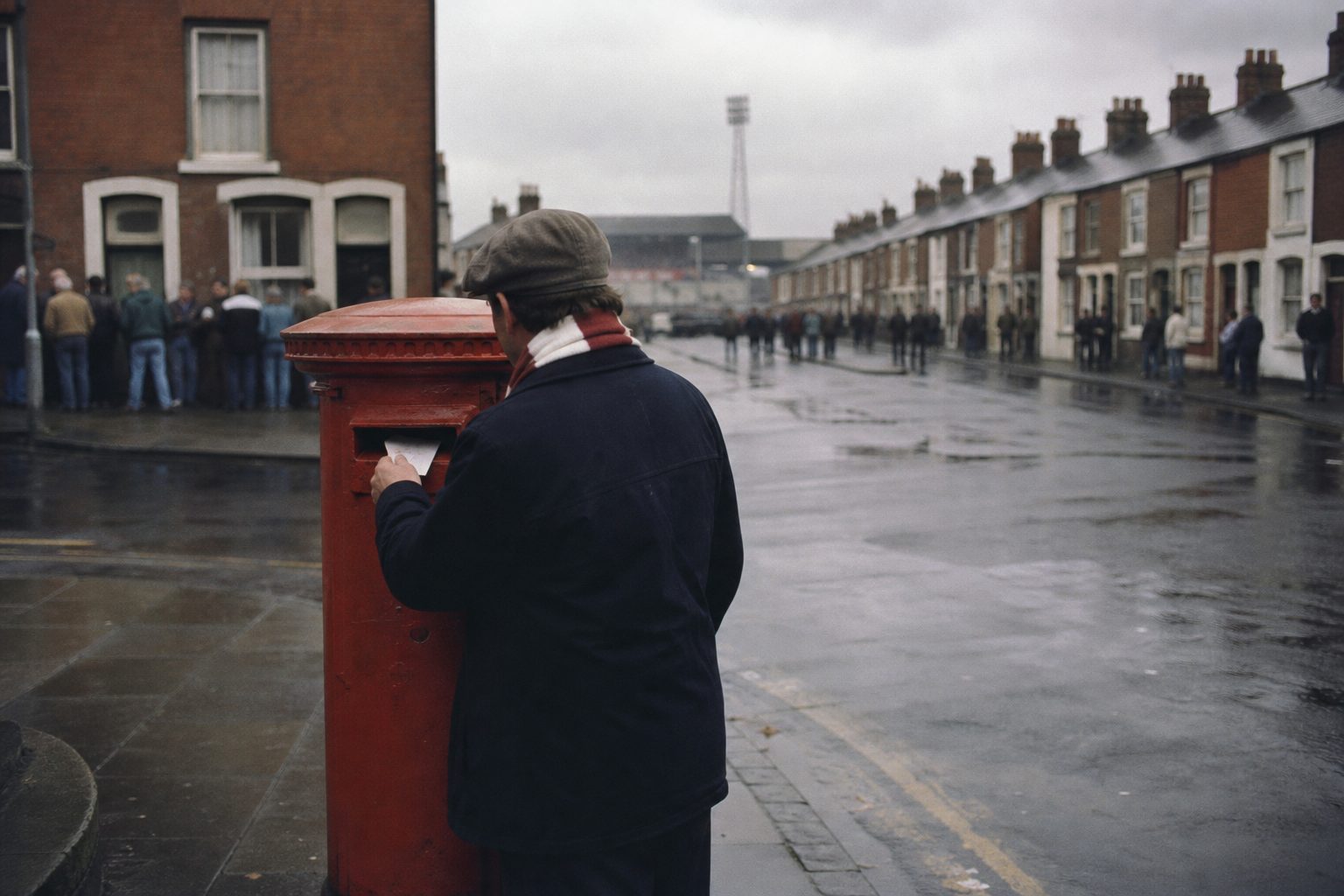 A supporter seen from behind posting a letter at a red pillar box near a ground (picture made with AI)