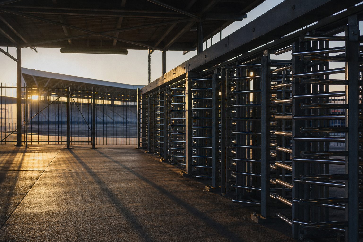 A row of closed turnstiles on an empty stadium concourse at dawn (picture made with AI)