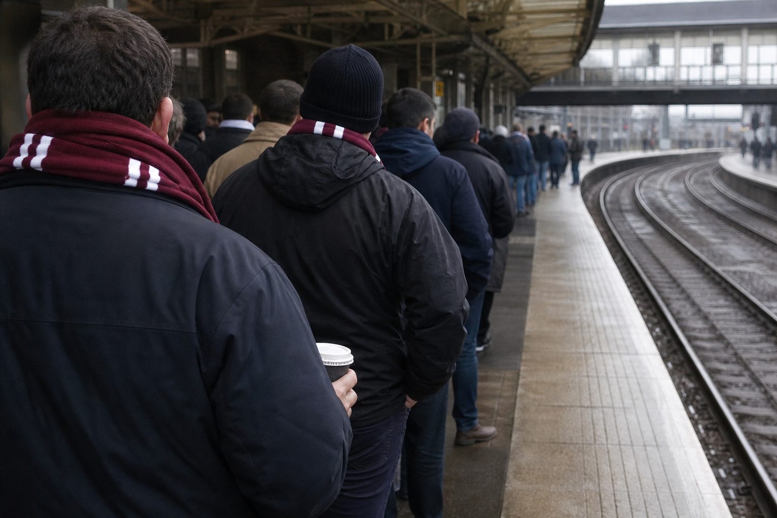 Supporters in scarves seen from behind waiting on a station platform for a train (picture made with AI)