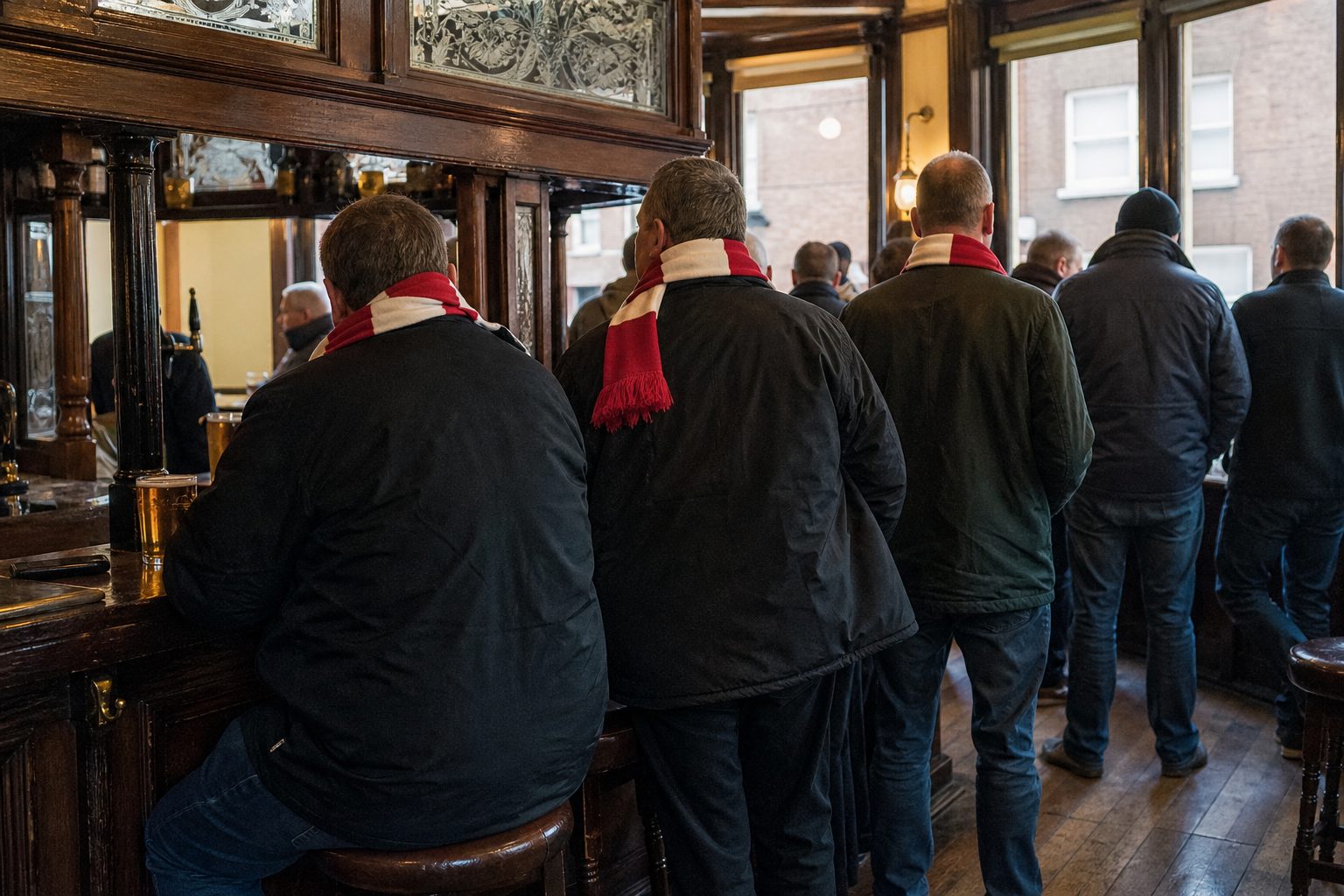 Supporters in scarves seen from behind at the bar of a traditional London pub (picture made with AI)