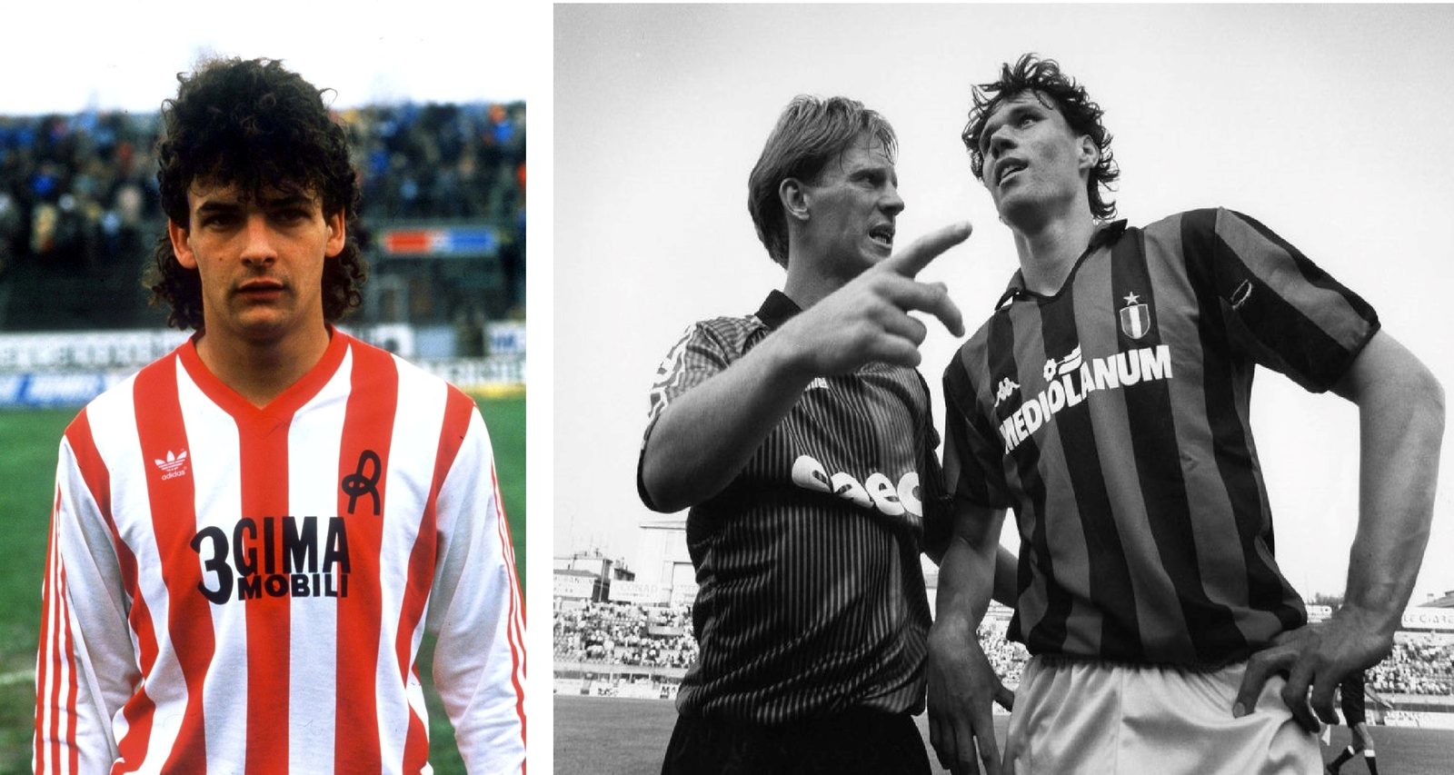 Teenage Roberto Baggio in red and white Vicenza stripes beside Mario Been arguing with Marco van Basten