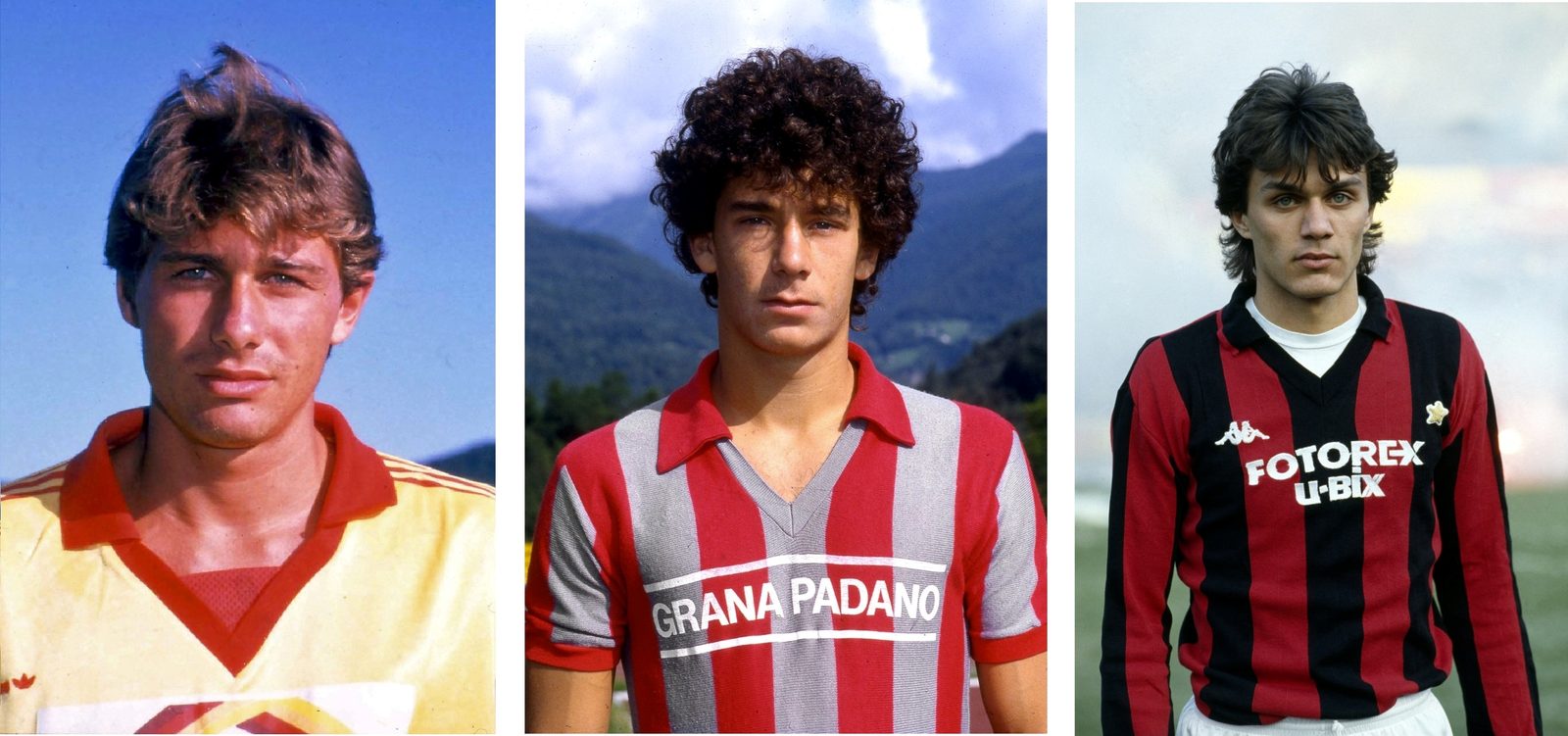 Three portraits of young Antonio Conte, Gianluca Vialli and Paolo Maldini in their club shirts